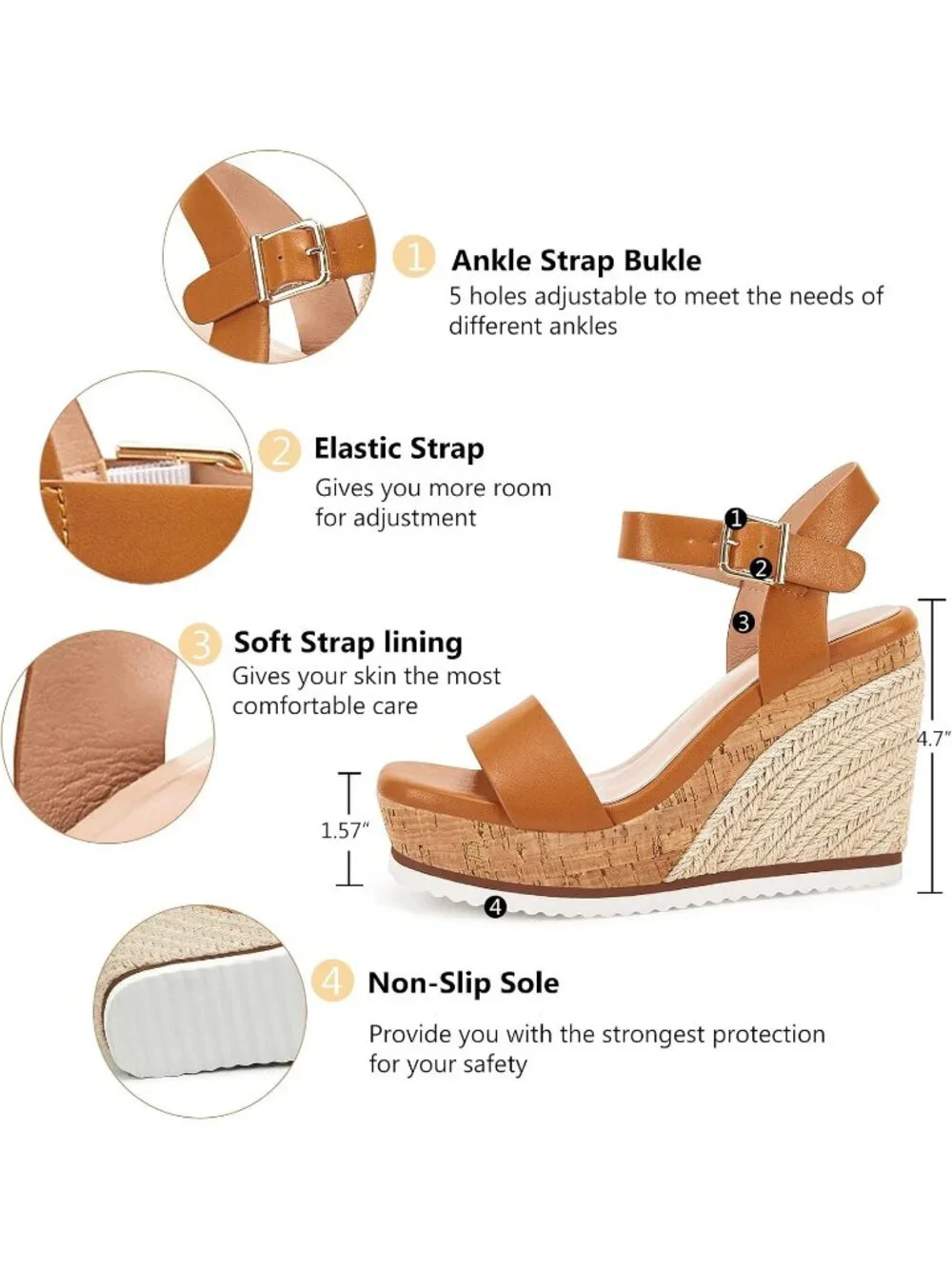 Women's Brown Espadrille Wedge Platform Sandal Open Toe Ankle Buckle Strap Shoes